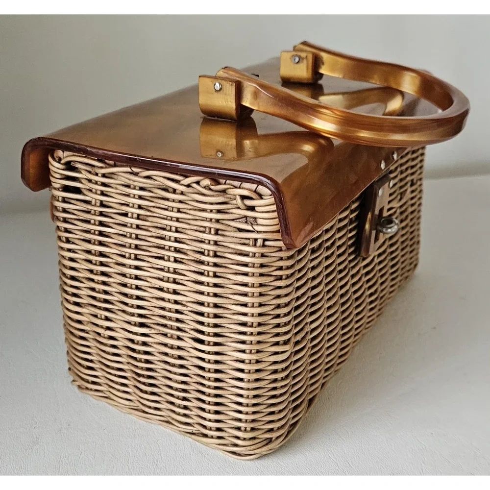 Vintage Plastic Wicker Gold Marbled Swirl Box Purse